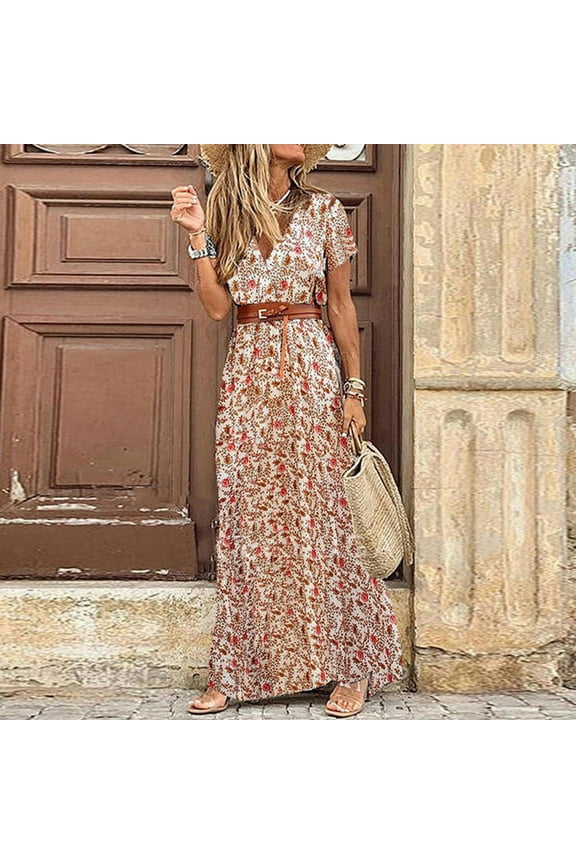 Summer Saving Wycnly Womens Dresses Short Sleeve V-Neck Floral Print Casual Maxi Summer Dress High Waist Flowy Ruffle Swing Beach Sun Dresses with Belt Clearacne