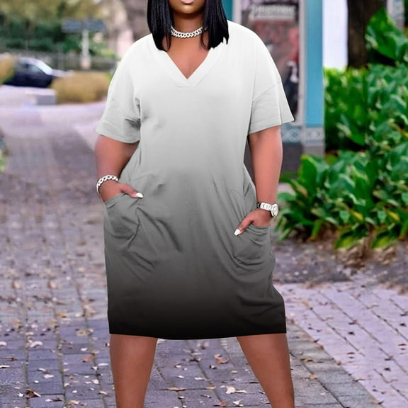 Summer Saving Wycnly Womens Dresses Short Sleeve V-Neck Gradient Midi Summer Dress Vintage Swing T Shirt Pocket Plus Size Dresses Gray XL