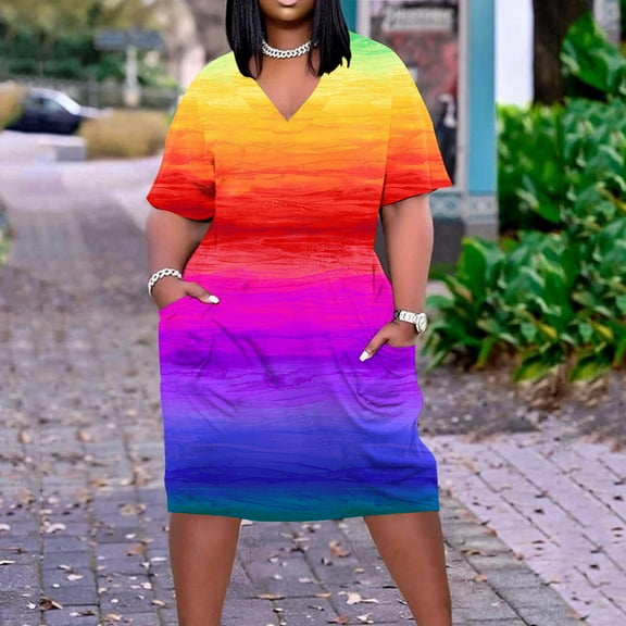Summer Saving Wycnly Womens Dresses Short Sleeve V-Neck Gradient Midi Summer Dress Vintage Swing T Shirt Pocket Plus Size Dresses Orange Up to 65% off