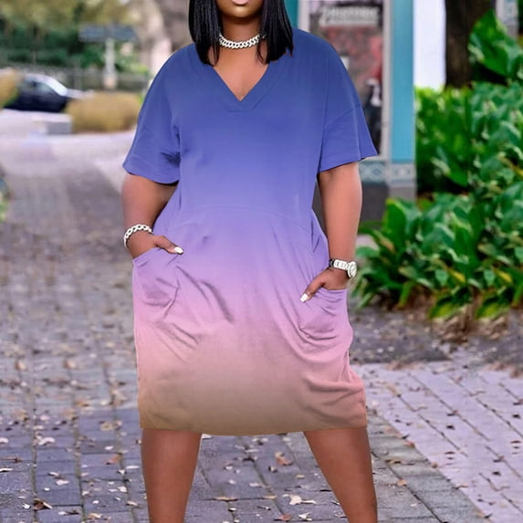 Wycnly Summer Dresses 2025 Womens Dresses Short Sleeve V-Neck Solid Knee-Length Summer Dress Casual Swing T Shirt Dresses Pocket Plus Size Dresses Midi Dress for Women