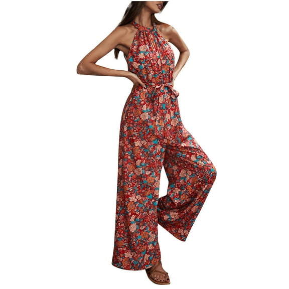 Summer Saving Wycnly Womens Dresses Sleeveless Halter Floral Print Casaul Long Summer Dress Tie Waist Off Shoulder Jumpsuits Dresses Red L Clothes