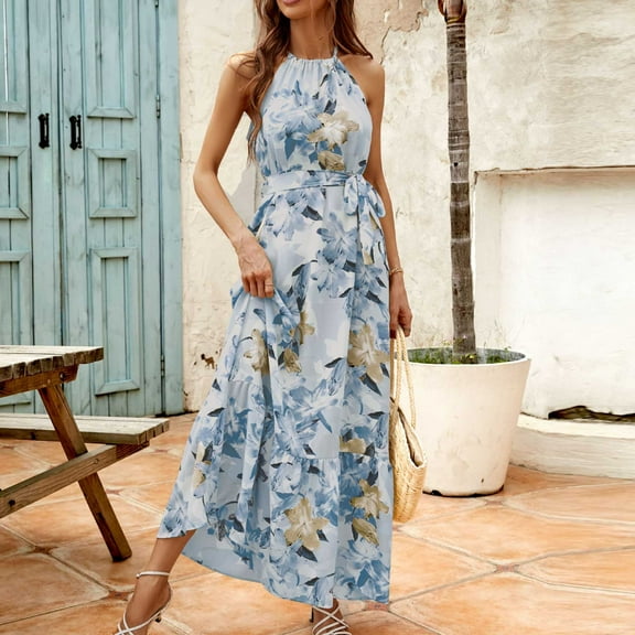 Summer Saving Wycnly Womens Dresses Sleeveless Halter Floral Print Casual Maxi Summer Dress Tie Waist Flowy Swing Bohemian Dresses Blue L