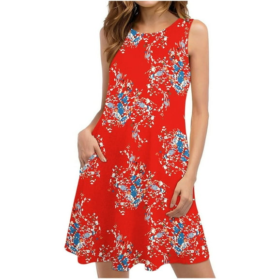 Summer Saving Wycnly Womens Dresses Sleeveless Round Neck Floral Mini Summer Dress Casual Flowy Swing T Shirt Dresses Pocket Tank Dresses Red Up to 65% off