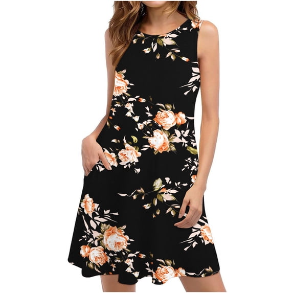 Summer Saving Wycnly Womens Dresses Sleeveless Round Neck Floral Mini Summer Dress Casual Flowy Swing T Shirt Dresses Pocket Tank Dresses Black Up to 65% off