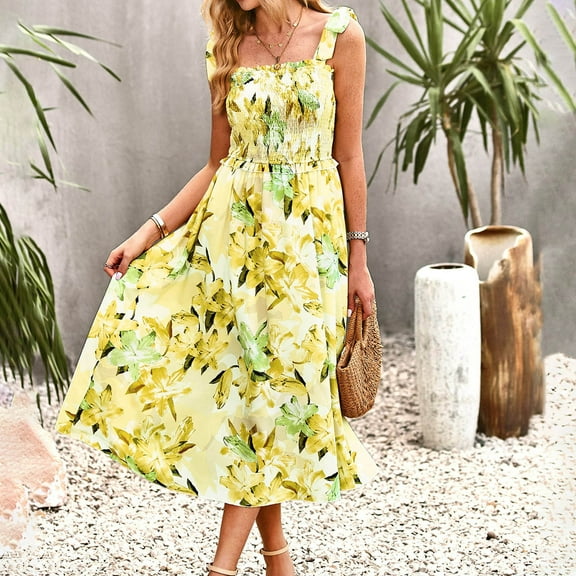 Summer Saving Wycnly Womens Dresses Sleeveless Square collar Floral Print Casual Long Summer Dress Beach Boho Elastic Waist Swing Strap Dresses Yellow M