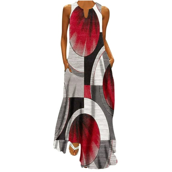 Summer Saving Wycnly Womens Dresses Sleeveless V-Neck Geometric Print Casaul Long Summer Dress Beach Boho Loose Swing Tunic Tank Long Pocket Dresses Red XXL Clearance Clothes