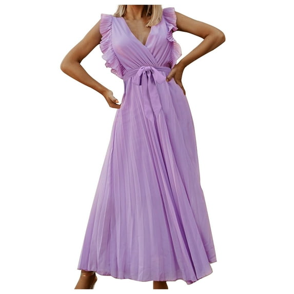 Summer Saving Wycnly Womens Dresses Wedding Guest Elegant Pleated Swing Tie Ruffle Sleeve Maxi Dresses Solid V-Neck Sleeveless Long Summer Dress Purple l Under $5