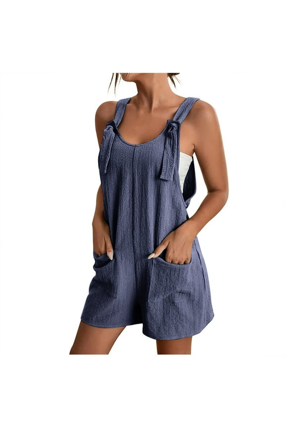 Summer Saving Wycnly Womens Jumpsuits Casual Pocket Loose Soft Linen Tie Strap Short Jumpsuits Overalls Trendy Solid Crewneck Sleeveless Mini Summer Rompers Navy m