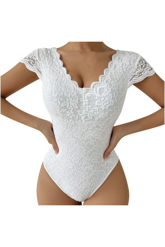 Summer Saving Wycnly Womens Jumpsuits Club Sexy One Piece Bodycon Lace Tight Short Jumpsuits Trendy Solid V-Neck Short Sleeve Mini Summer Rompers White xs
