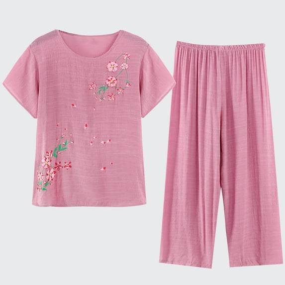 Summer Saving Wycnly Womens Lounge Set Plus Size Fashion Floral Pajama Loungewear Summer Crewneck Short Tops and Straight Leg Pants 2 Piece Outfit under $5