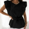 thumbnail image 1 of Summer Saving Wycnly Womens Shirts Casual Solid Ruffle Sleeve Tunic Tee Tops with Belt Summer Short Sleeve Crewneck Ladies Plain Tops and Blouses Black XXL, 1 of 7