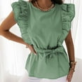 thumbnail image 1 of Summer Saving Wycnly Womens Shirts Casual Solid Ruffle Sleeve Tunic Tee Tops with Belt Summer Short Sleeve Crewneck Ladies Plain Tops and Blouses Green s, 1 of 7