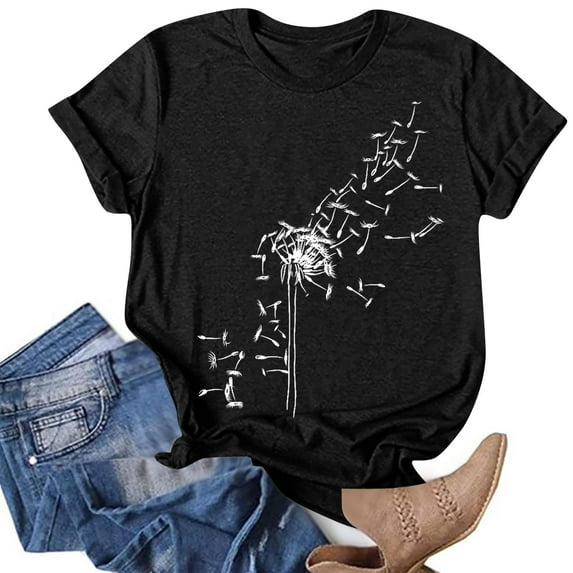 Summer Saving Wycnly Womens Shirts Comfy Breathable Loose Fit Fashion Tee Tops Summer Short Sleeve Round Neck Ladies Dandelion Print Tops and Blouses Black XL