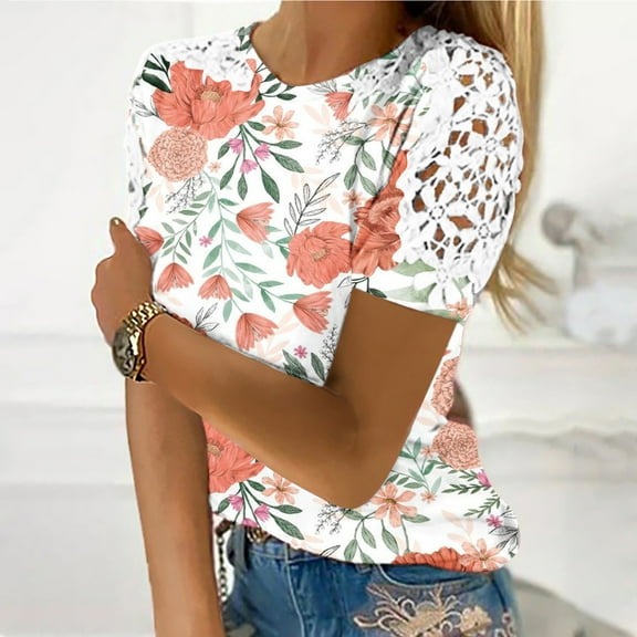 Summer Saving Wycnly Womens Shirts Elegant Lace Trim Lightweight Pullover Tee Tops Summer Short Sleeve Crewneck Ladies Floral Print Tops and Blouses Red XL