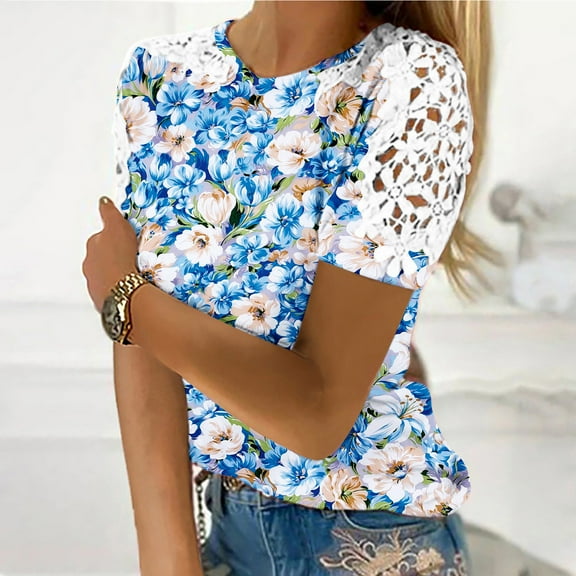 Summer Saving Wycnly Womens Shirts Elegant Lace Trim Lightweight Pullover Tee Tops Summer Short Sleeve Crewneck Ladies Floral Print Tops and Blouses Blue l
