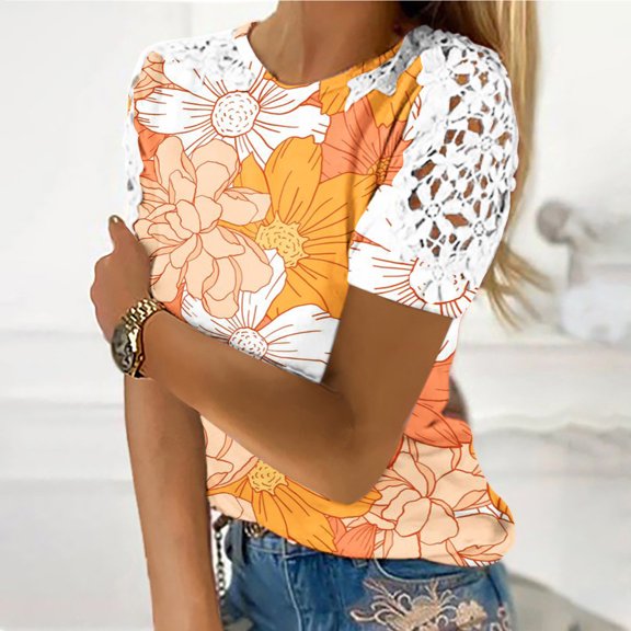 Summer Saving Wycnly Womens Shirts Elegant Lace Trim Lightweight Pullover Tee Tops Summer Short Sleeve Crewneck Ladies Floral Print Tops and Blouses Orange XXL