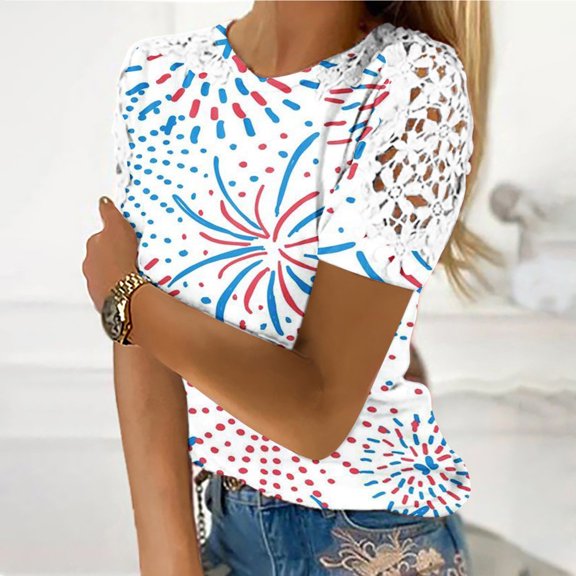 Summer Saving Wycnly Womens Shirts Elegant Lace Trim Lightweight Pullover Tee Tops Summer Short Sleeve Crewneck Ladies Floral Print Tops and Blouses White m