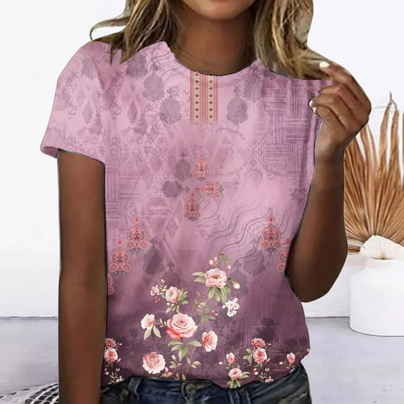 Summer Saving Wycnly Womens Shirts Fashion Loose Vintage Graphics Tee Tops Summer Short Sleeve Crewneck Ladies Floral Print Tops and Blouses Hot Pink XXL