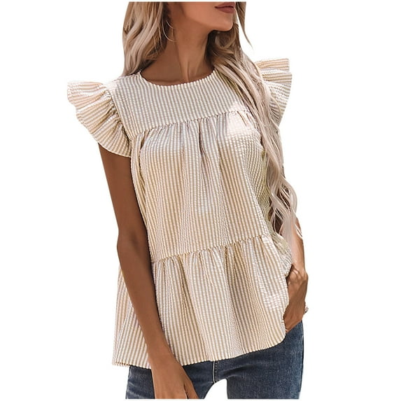 Summer Saving Wycnly Womens Shirts Fashion Ruffle Sleeve Loose Pleates Swing Tops Summer Short Sleeve Crewneck Ladies Striped Print Tops and Blouses Khaki m