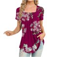 thumbnail image 1 of Summer Saving Wycnly Womens Shirts Fashion Smocked Swing Hem Tunic Tops Summer Short Sleeve Square Neck Ladies Flowers Print Tops and Blouses Red XL, 1 of 5
