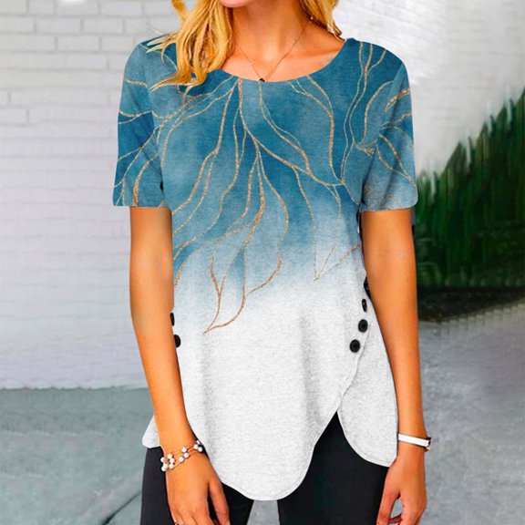 Summer Saving Wycnly Womens Shirts Irregular Button Down Hem Tops Casual Breathable Tunic Summer Short Sleeve Round Neck Ladies Flowers Print Tops and Blouses Light Blue m