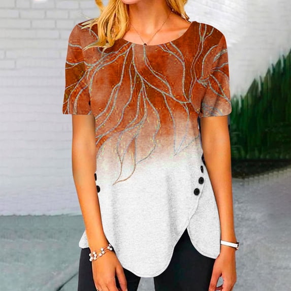 Summer Saving Wycnly Womens Shirts Irregular Button Down Hem Tops Casual Breathable Tunic Summer Short Sleeve Round Neck Ladies Flowers Print Tops and Blouses Orange m