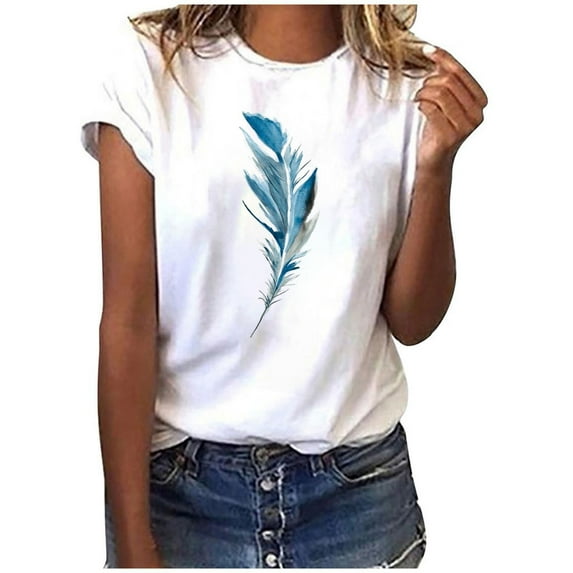 Summer Saving Wycnly Womens Shirts Lightweight Comfy Modal Loose Fit Fashion Tee Tops Summer Short Sleeve Crewneck Ladies Feather Print Tops and Blouses Blue s