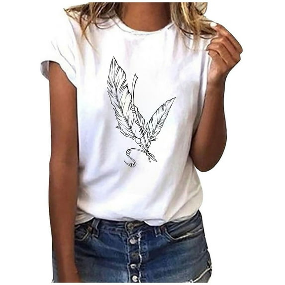 Summer Saving Wycnly Womens Shirts Lightweight Comfy Modal Loose Fit Fashion Tee Tops Summer Short Sleeve Crewneck Ladies Feather Print Tops and Blouses White m