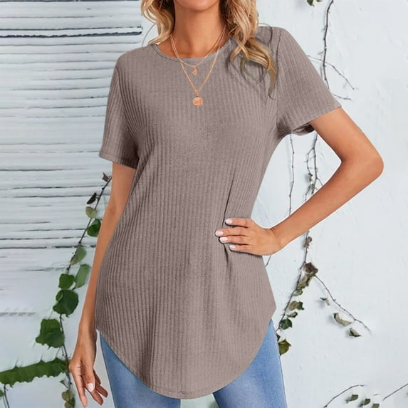 Summer Saving Wycnly Womens Shirts Plus Size Irregular Hem Knitted Ribbed Tunic Tops Summer Short Sleeve Round Neck Ladies Solid Tops and Blouses Brown XXXL