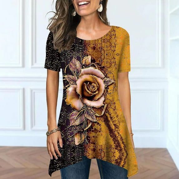 Summer Saving Wycnly Womens Shirts Plus Size Vintage Irregular Hem Lightweight Tunic Tops Summer Short Sleeve Round Neck Ladies Rose Print Tops and Blouses Yellow l