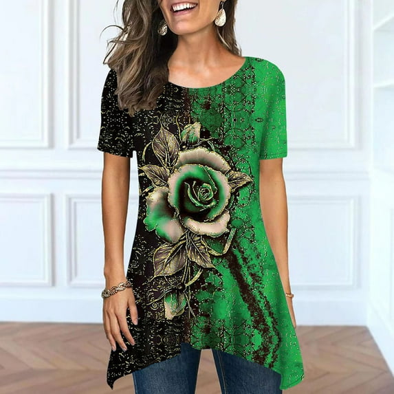 Summer Saving Wycnly Womens Shirts Plus Size Vintage Irregular Hem Lightweight Tunic Tops Summer Short Sleeve Round Neck Ladies Rose Print Tops and Blouses Green l