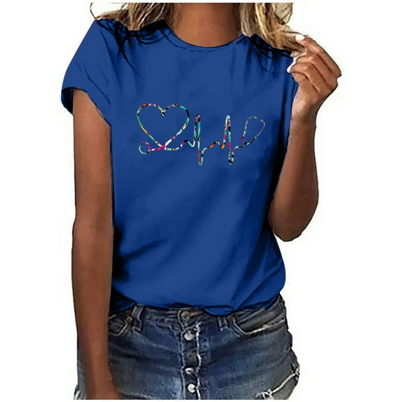 Summer Saving Wycnly Womens Shirts Round Neck Short Sleeve Heart Print Summer Cute Tops Nurse's Day Comfy Breathable Basic Ladies Fashion Blouses Blue s Clearance Under $5