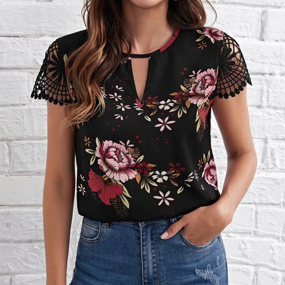 Summer Saving Wycnly Womens Shirts Sexy Lace Trim Lightweight Keyhole Pullover Tops Summer Short Sleeve Crewneck Ladies Flowers Print Tops and Blouses Black XL