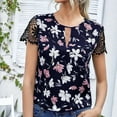 thumbnail image 1 of Summer Saving Wycnly Womens Shirts Sexy Lace Trim Lightweight Keyhole Pullover Tops Summer Short Sleeve Crewneck Ladies Flowers Print Tops and Blouses Dark Blue l, 1 of 6