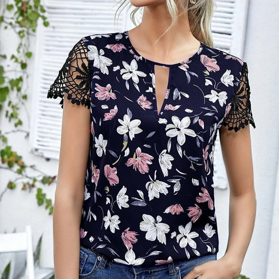Summer Saving Wycnly Womens Shirts Sexy Lace Trim Lightweight Keyhole Pullover Tops Summer Short Sleeve Crewneck Ladies Flowers Print Tops and Blouses Dark Blue l