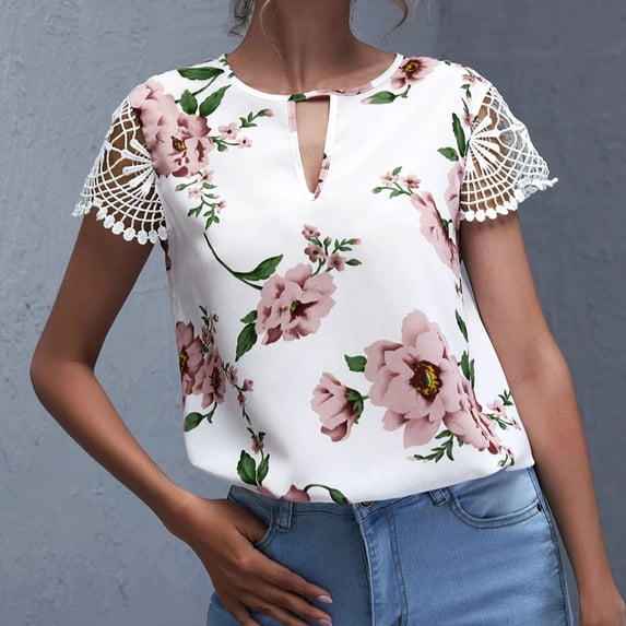 Summer Saving Wycnly Womens Shirts Sexy Lace Trim Lightweight Keyhole Pullover Tops Summer Short Sleeve Crewneck Ladies Flowers Print Tops and Blouses Pink s