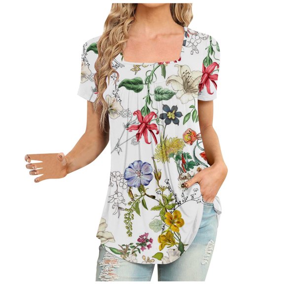 Summer Saving Wycnly Womens Shirts Short Sleeve Square Neck Floral Print Summer Tops Lightweight Comfy Flowy Pleated Swing Tunic Blouse White M Up to 65% off