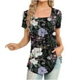 thumbnail image 1 of Summer Saving Wycnly Womens Shirts Short Sleeve Square Neck Floral Print Summer Tops Vintage Flowy Pleated Hem Lightweight Tunic Blouses Blue M Up to 65% off, 1 of 5
