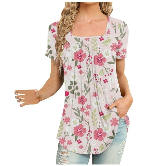 Summer Saving Wycnly Womens Shirts Short Sleeve Square Neck Floral Print Summer Tops Flowy Pleated Swing Lightweight Tunic Blouse Pink XL Up to 65% off