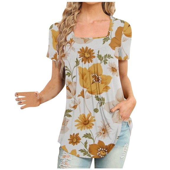 Summer Saving Wycnly Womens Shirts Short Sleeve Square Neck Floral Print Summer Tops Flowy Pleated Swing Lightweight Tunic Blouse Yellow XL Up to 65% off