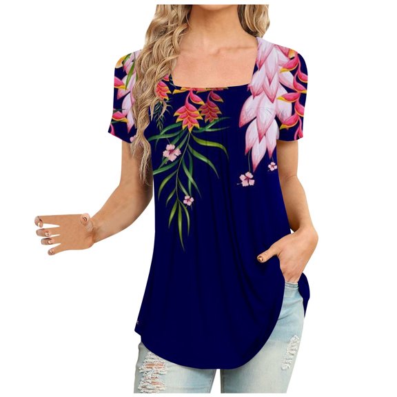 Summer Saving Wycnly Womens Shirts Short Sleeve Square Neck Plants Print Summer Tops Lightweight Comfy Flowy Pleated Swing Tunic Blouse Dark Blue XL Up to 65% off