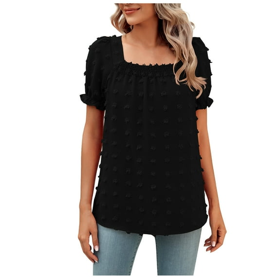 Summer Saving Wycnly Womens Shirts Square Neck Short Sleeve Solid Summer Cute Tops Casual Lantern Sleeve Lightweight Chiffon Tunic Blouses Black s Clearance Under $5