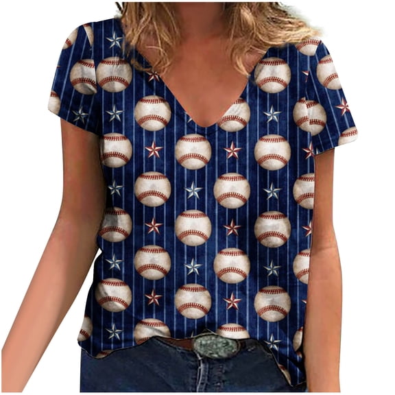 Summer Saving Wycnly Womens Shirts V-Neck Short Sleeve Baseball Print Summer Cute Tops Fashion Loose Lightweight Comfy Tunic Blouses Dark Blue s Clothes