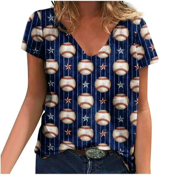 Summer Saving Wycnly Womens Shirts V-Neck Short Sleeve Baseball Print Summer Cute Tops Fashion Loose Lightweight Comfy Tunic Blouses Dark Blue xl Clothes