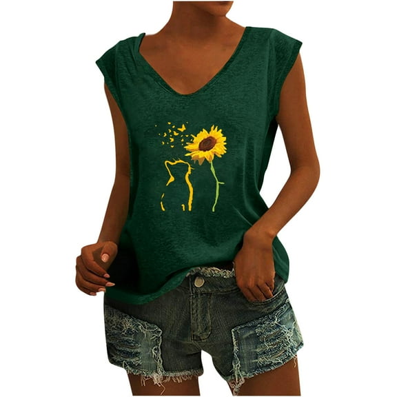 Wycnly Womens Shirts V-Neck Short Sleeve Cat Sunflower Print Summer Cute Tops Fashion Breathable Loose Ladies Going Out Tee Blouses Green m