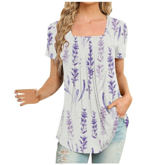 Summer Saving Wycnly Womens Summer Tops Short Sleeve Square Neck Daisy Print Shirts Flowy Pleated Swing Lightweight Tunic Blouse White L Up to 65% off