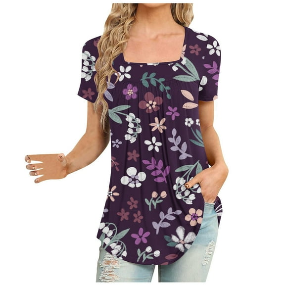 Summer Saving Wycnly Womens Summer Tops Short Sleeve Square Neck Floral Print Shirts Flowy Pleated Swing Lightweight Tunic Blouse Purple S Up to 65% off