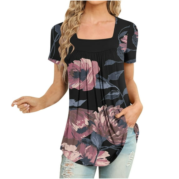 Summer Saving Wycnly Womens Summer Tops Short Sleeve Square Neck Floral Print Shirts Vintage Flowy Pleated Hem Lightweight Tunic Blouses Pink M Up to 65% off