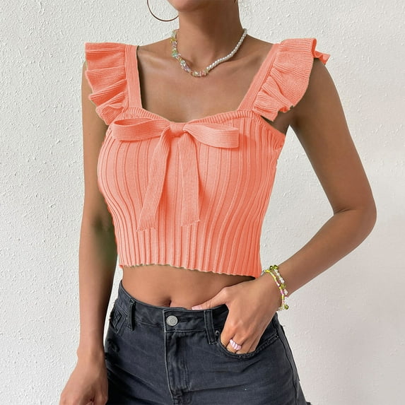 Summer Saving Wycnly Womens Tank Tops Casual Ruffle Sleeve Knitted Cotton Cropped Tops with Bow Summer Fashion Solid Square Neck Sleeveless Shirts Blouse Pink m