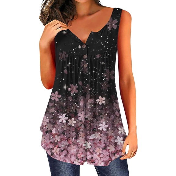 Summer Saving Wycnly Womens Tank Tops Floral Print Round Neck Sleeveless Shirts Flowy Pleated Swing Button Down Vest Tunic Pink L Up to 65% off